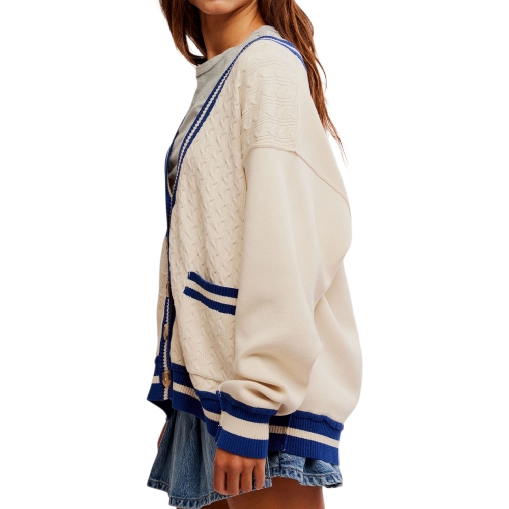We The Free Varsity Cardigan Ecru Blue Cable Knit Oversized Collegiate S NWOT - Picture 2 of 15